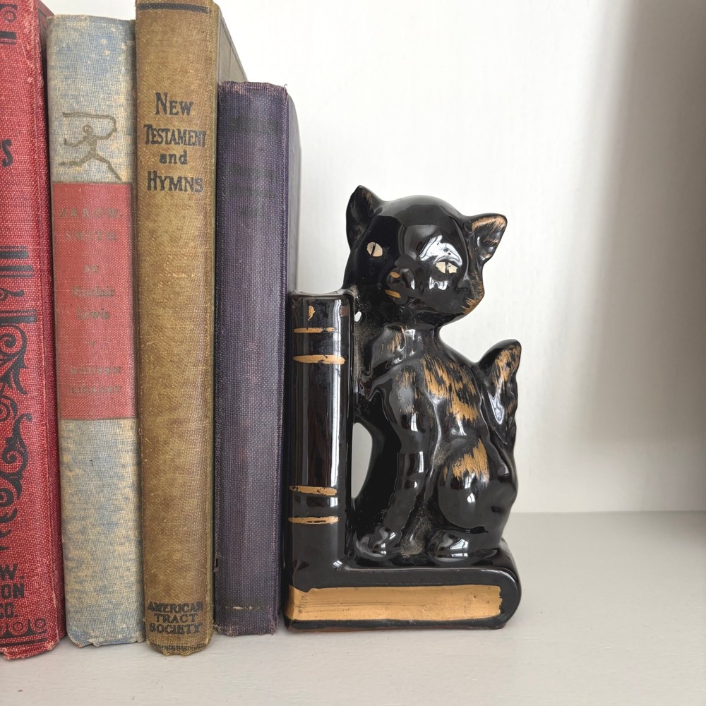 Vintage Black Cat Ceramic Bookend Figurine Gold Accents Made in Japan MCM Decor